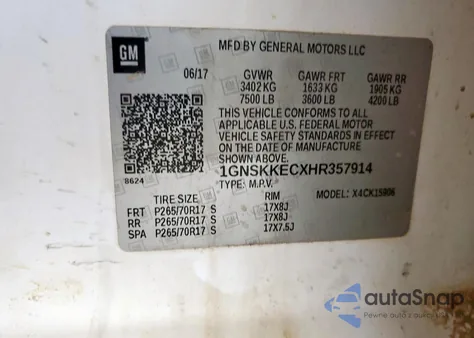 2017 Chevrolet Suburban K1500 z USA, uszkodzony, nr VIN 1GNSKKECXHR357914